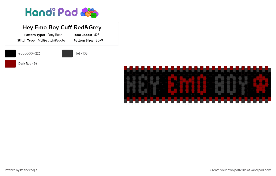 Hey Emo Boy Cuff Red&Grey - Pony Bead Pattern by kaithekhajiit on Kandi Pad - black