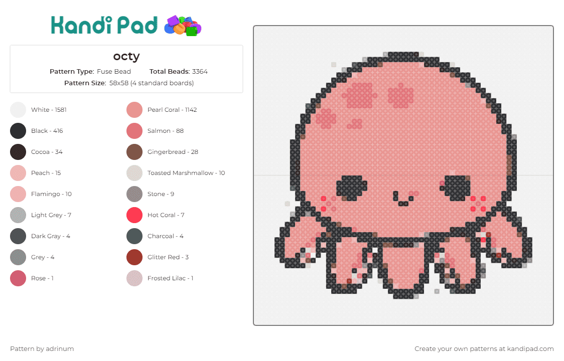 octy - Fuse Bead Pattern by adrinum on Kandi Pad - octopus,cute,animal,adorable,sweet,heartwarming,aquatic,charming,marine,pink