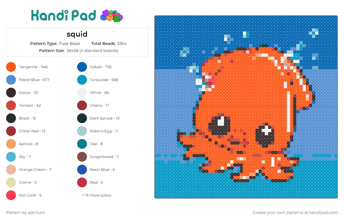 squid - Fuse Bead Pattern by adrinum on Kandi Pad - squid,cute,underwater,animal,playful,sea creature,charming,delightful,aquatic,ocean,orange,blue