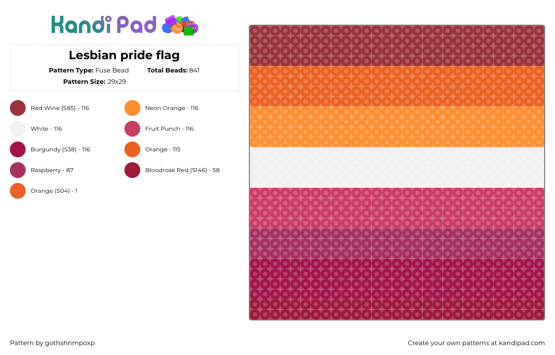 Lesbian pride flag - Fuse Bead Pattern by gothshrimpoxp on Kandi Pad - orange,pink,prideflag,lesbianflag,fusebead