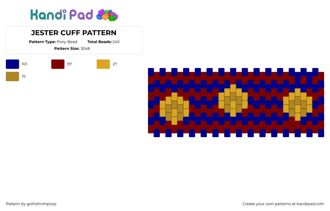 JESTER CUFF PATTERN - Pony Bead Pattern by gothshrimpoxp on Kandi Pad - purple,brown,jester,ponybeads,kandicuff