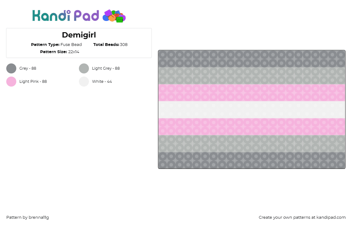 Demigirl - Fuse Bead Pattern by brenna11g on Kandi Pad - demigirl,pride,flag,minimalist,expressive,identity,individuality,soft,pink,gray