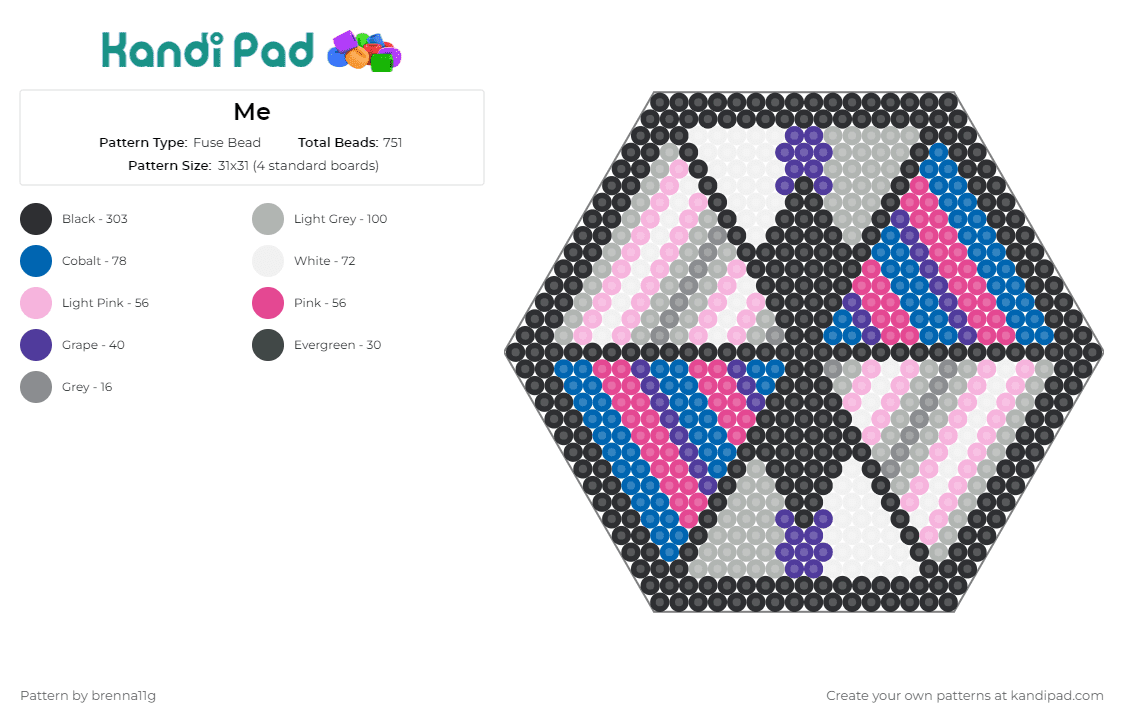 Me - Fuse Bead Pattern by brenna11g on Kandi Pad - demisexual,bisexual,pride,hexagon,geometric,symmetrical,identity,support,pink,blue,black