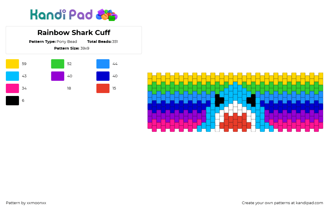 Rainbow Shark Cuff - Pony Bead Pattern by xxmoonxx on Kandi Pad - light blue,purple,green,yellow,shark,rainbow,cuff,brick stitch,hyper