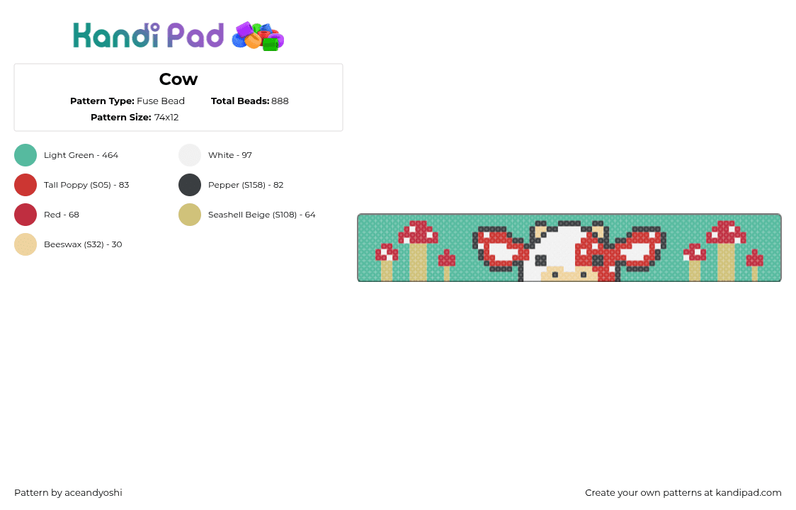 Mushroom Cow - Fuse Bead Pattern by aceandyoshi on Kandi Pad - teal