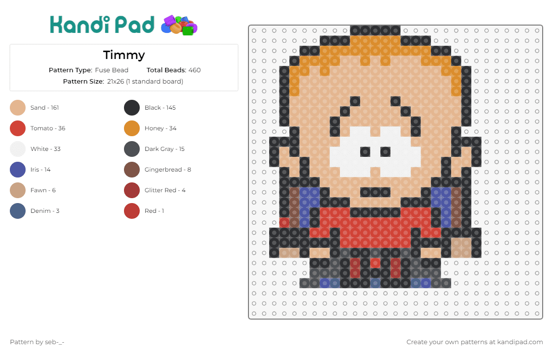 Timmy - Fuse Bead Pattern by seb-_- on Kandi Pad - timmy,south park,wheelchair,animated,character,fun,irreverent,humor,bold,personality,beige,red