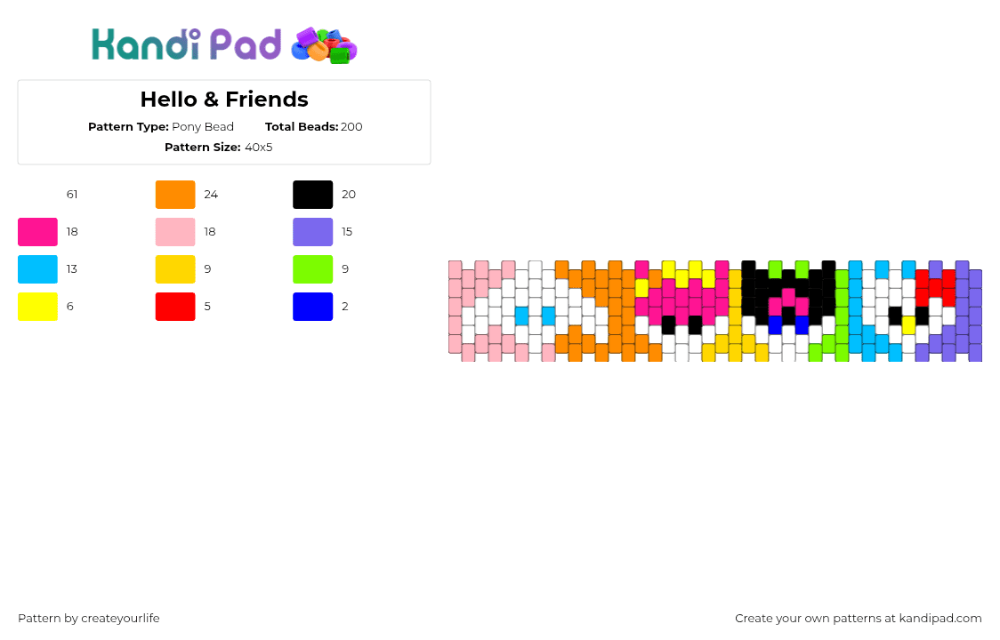 Hello & Friends - Pony Bead Pattern by createyourlife on Kandi Pad - yellow,pink,orange,blue