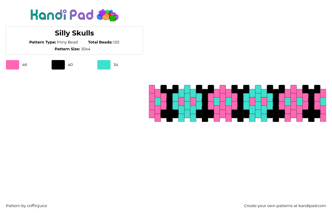 Silly Skulls - Pony Bead Pattern by coffinjuice on Kandi Pad - pink,light blue,green,blue,skulls,black,scene,gothic