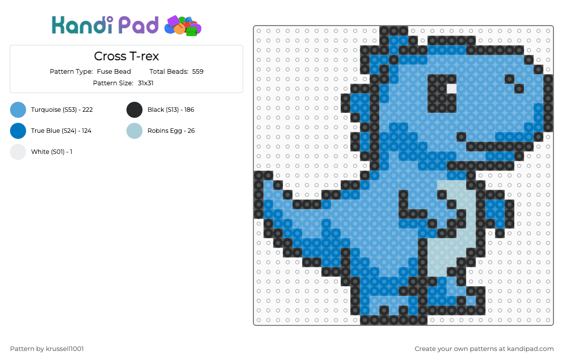Cross T-rex - Fuse Bead Pattern by krussell1001 on Kandi Pad - light blue,blue