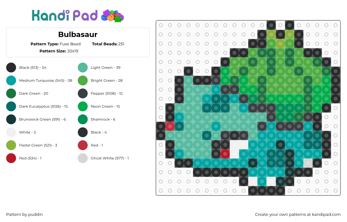 Bulbasaur - Fuse Bead Pattern by puddin on Kandi Pad - green,teal