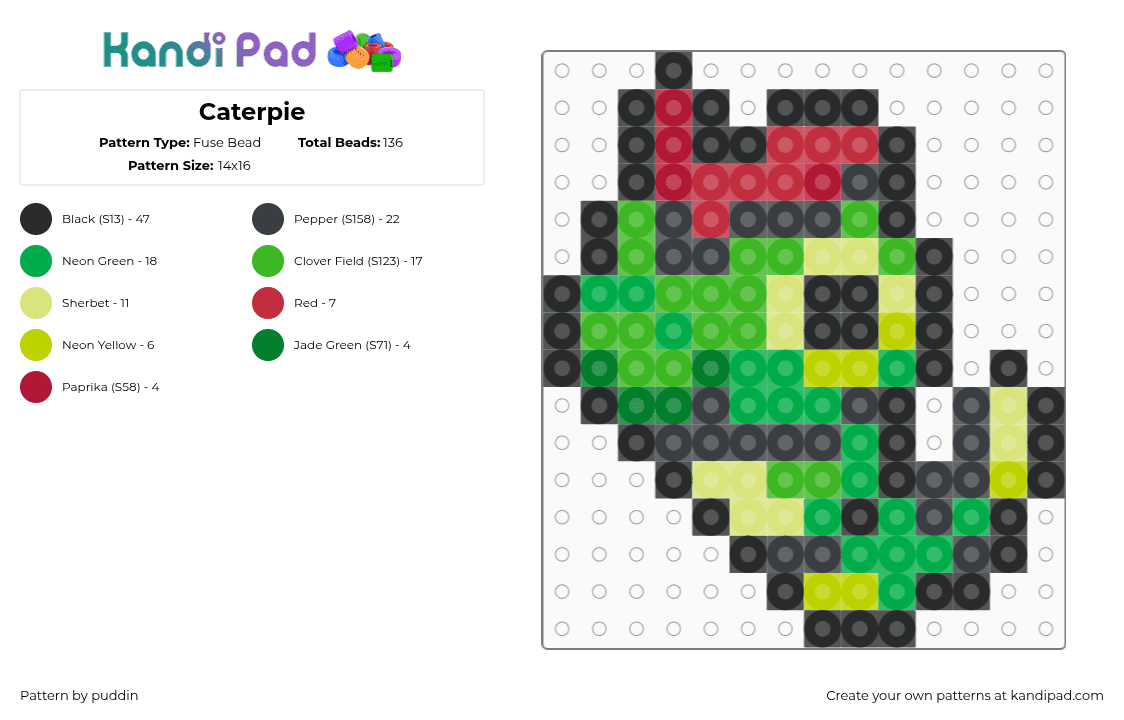 Caterpie - Fuse Bead Pattern by puddin on Kandi Pad - green