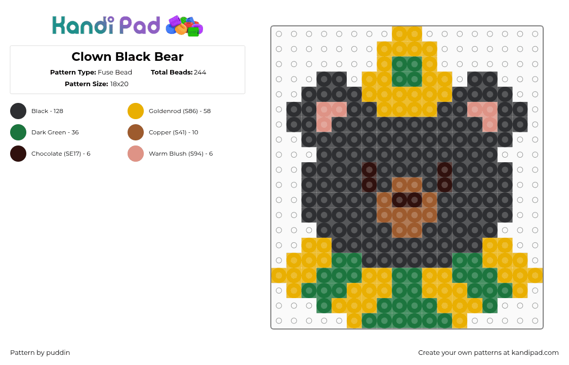 Clown Black Bear - Fuse Bead Pattern by puddin on Kandi Pad - black,orange,green