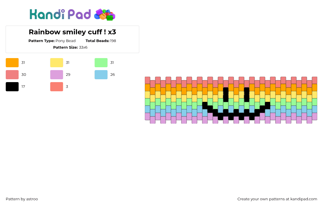 Rainbow smiley cuff ! x3 - Pony Bead Pattern by astroo on Kandi Pad - orange,teal,colorful,kandi,rainbow cuff,cuff,smile,silly,kandi cuff,pony beads