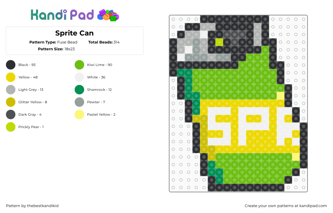 Sprite Can - Fuse Bead Pattern by thebestkandikid on Kandi Pad - yellow,green,sprite,soda,drink,perler,cool