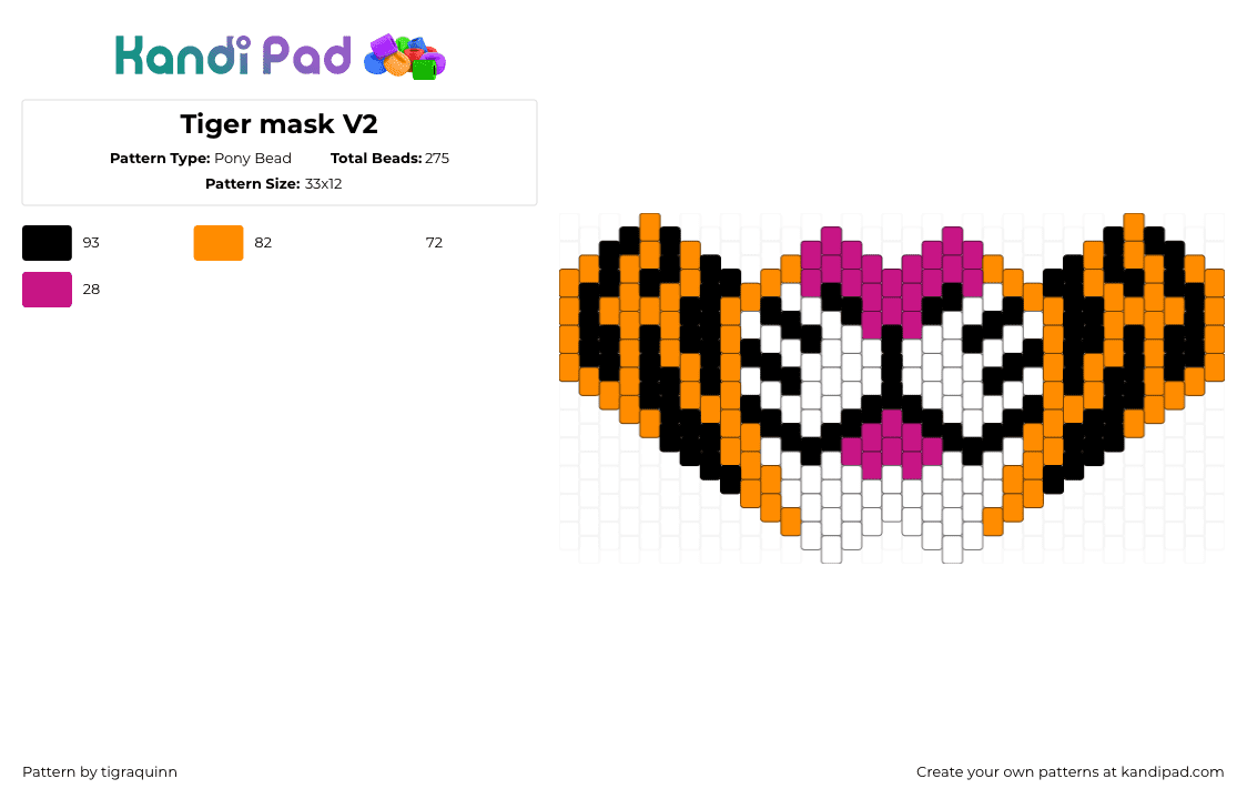 Tiger mask V2 - Pony Bead Pattern by tigraquinn on Kandi Pad - orange