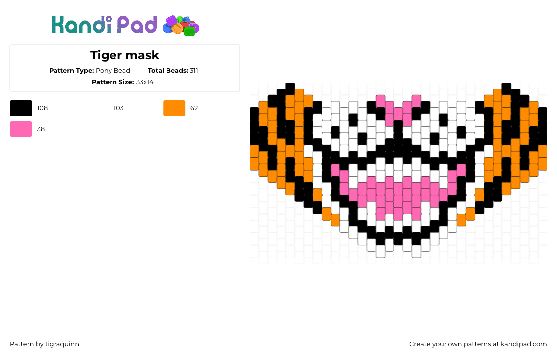 Tiger mask - Pony Bead Pattern by tigraquinn on Kandi Pad - orange,pink