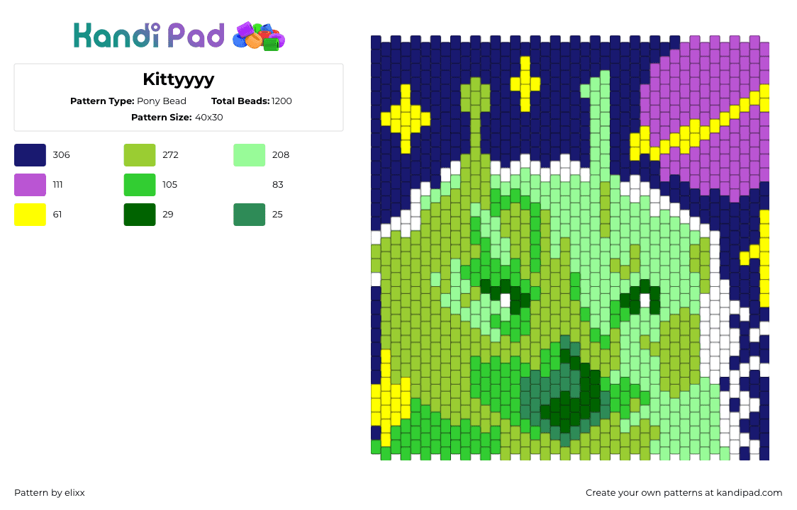 Kittyyyy - Pony Bead Pattern by elixx on Kandi Pad - green,teal,purple