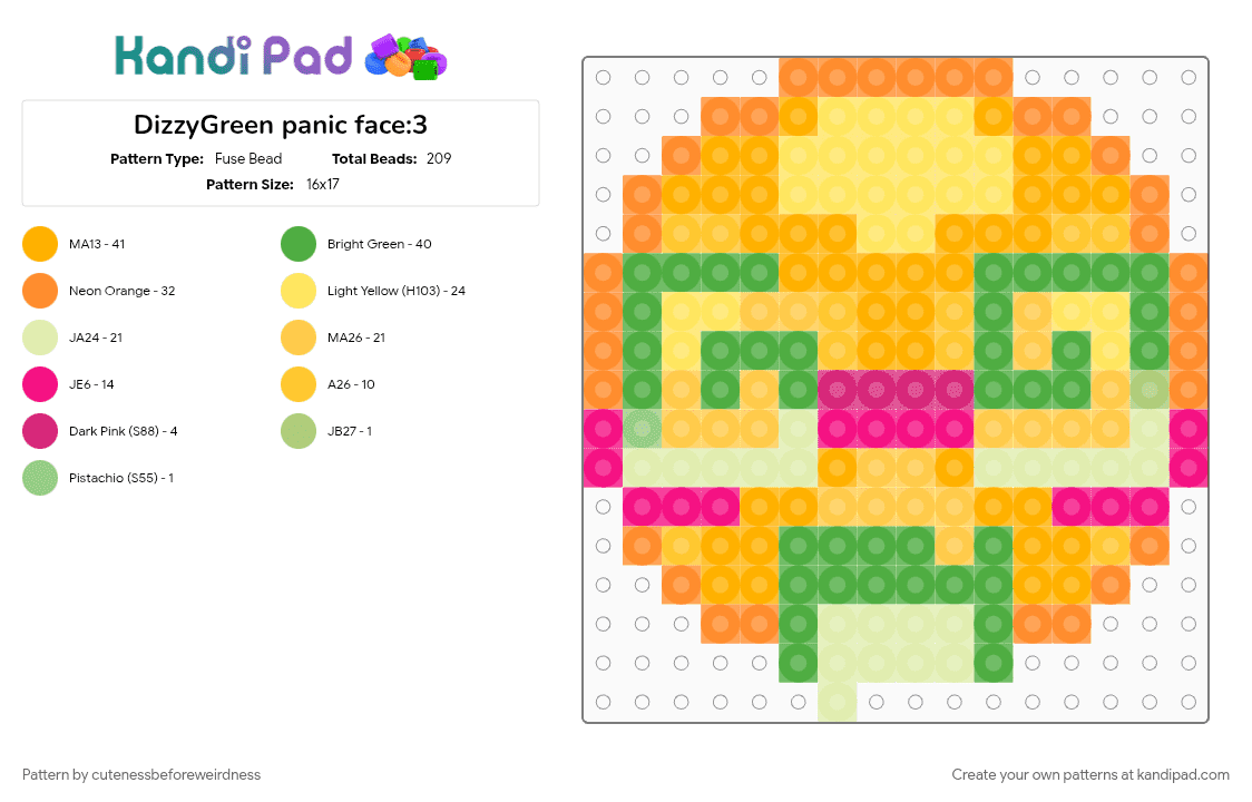 DizzyGreen panic face:3 - Fuse Bead Pattern by cutenessbeforeweirdness on Kandi Pad - cute, dizzy, emoji, face, green, kwaii, orange, yellow