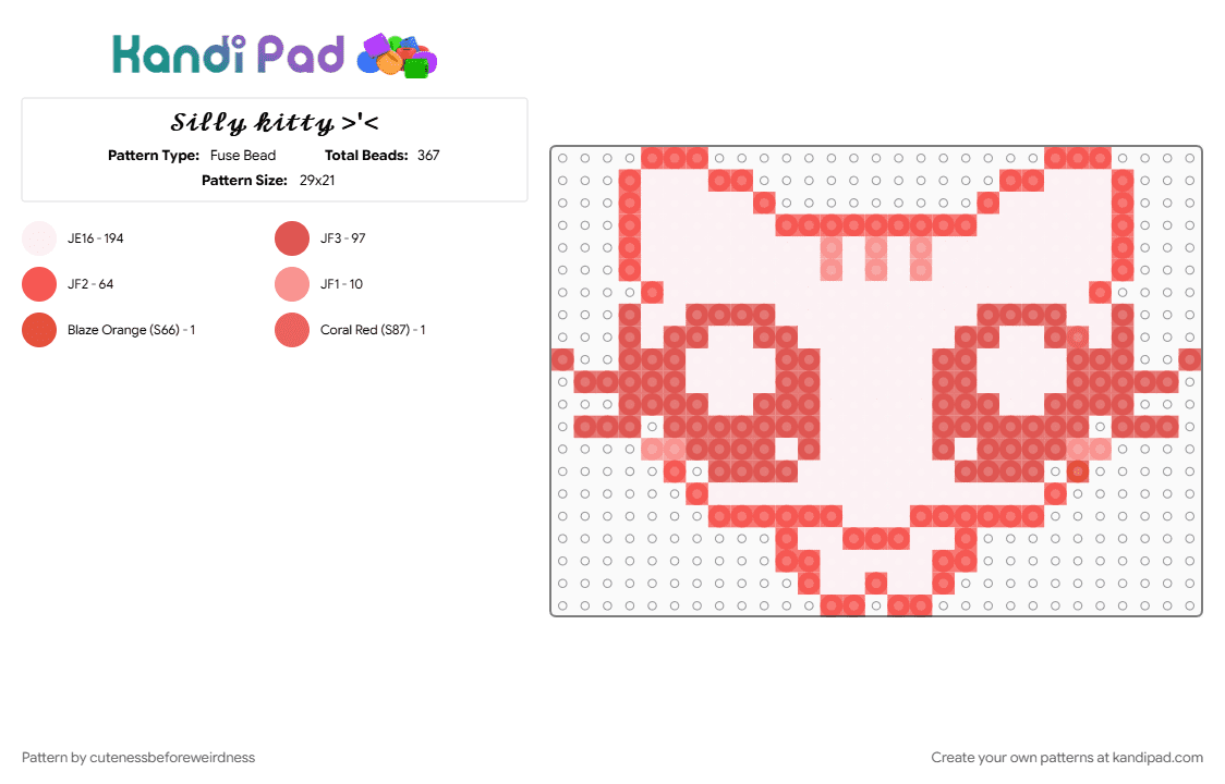 𝒮𝒾𝓁𝓁𝓎 𝓀𝒾𝓉𝓉𝓎 >\' - Fuse Bead Pattern by cutenessbeforeweirdness on Kandi Pad - character, cute, goober, kitty, kwaii, meme, red, silly