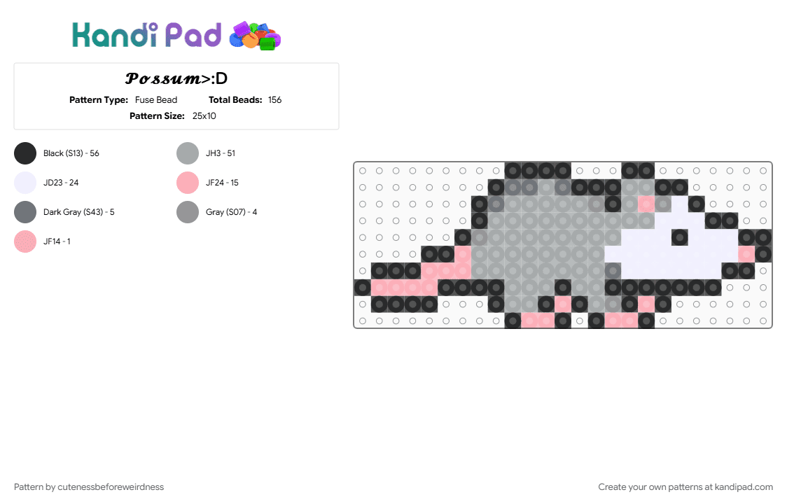 𝓟𝓸𝓼𝓼𝓾𝓶>:D - Fuse Bead Pattern by cutenessbeforeweirdness on Kandi Pad - animal, cute, gray, kwaii, pink, possum