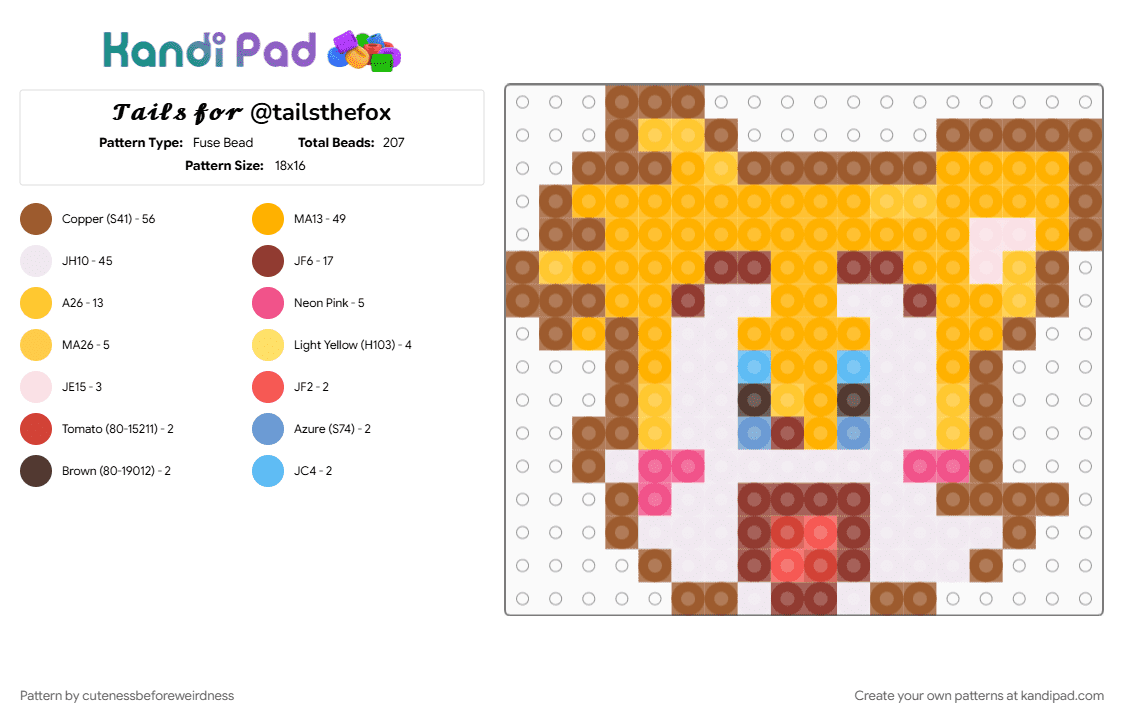 𝓣𝓪𝓲𝓵𝓼 𝓯𝓸𝓻 @tailsthefox - Fuse Bead Pattern by cutenessbeforeweirdness on Kandi Pad - character, game, orange, red, show, sonic, sonic the hedgehog, tails, tan, tv show
