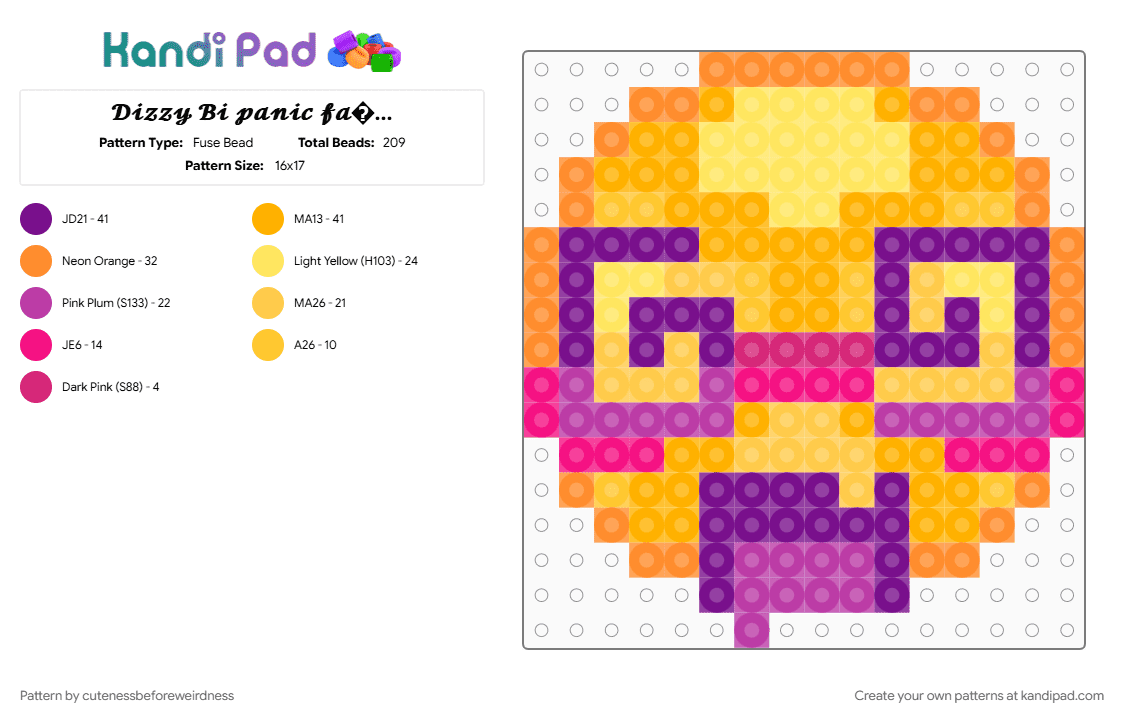 𝓓𝓲𝔃𝔃𝔂 𝓑𝓲 𝓹𝓪𝓷𝓲𝓬 𝓯𝓪𝓬𝓮 𝓛𝓞𝓛 - Fuse Bead Pattern by cutenessbeforeweirdness on Kandi Pad - bi, emoji, orange, pink, pride, purple, sillyface, yellow