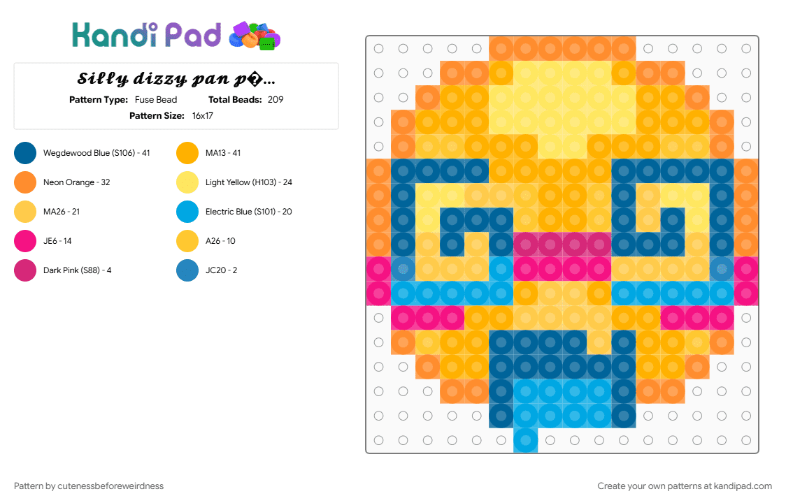 𝓢𝓲𝓵𝓵𝔂 𝓭𝓲𝔃𝔃𝔂 𝓹𝓪𝓷 𝓹𝓪𝓷𝓲𝓬 𝓯𝓪𝓬𝓮 𝓛𝓞𝓛 - Fuse Bead Pattern by cutenessbeforeweirdness on Kandi Pad - blue, emoji, face, orange, pan, pansexual, pride, silly, yellow