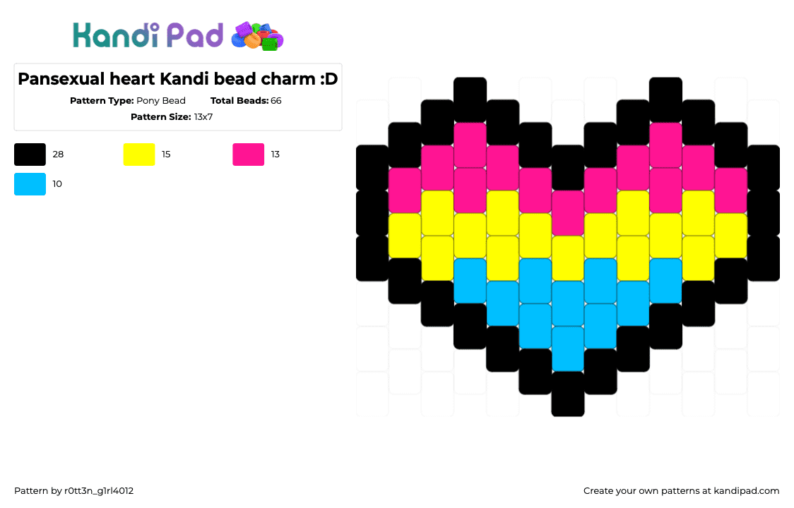 Pansexual heart Kandi bead charm :D - Pony Bead Pattern by r0tt3n_g1rl4012 on Kandi Pad - pink,yellow,pansexual,pony bead charm,kandi,lgbtq