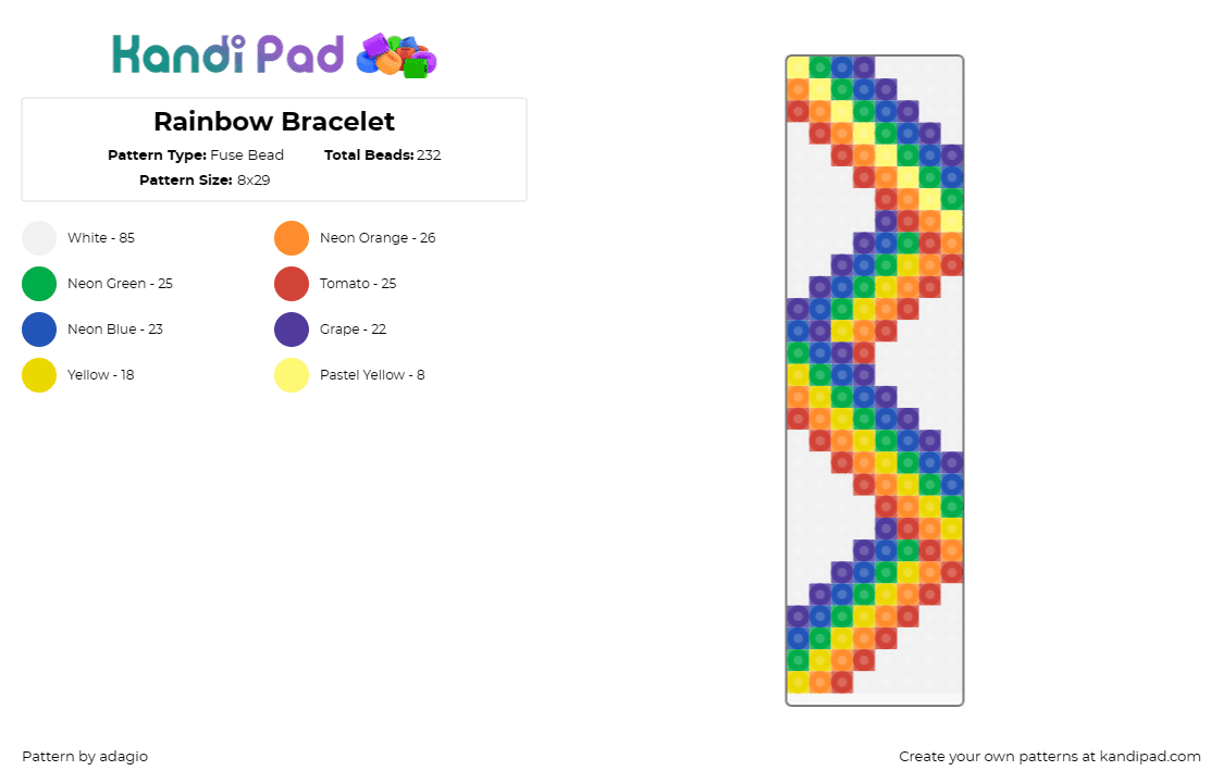Rainbow Bracelet - Fuse Bead Pattern by adagio on Kandi Pad - rainbows,bracelet
