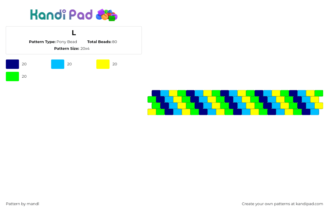 L - Pony Bead Pattern by mandl on Kandi Pad - purple,light blue,yellow,green