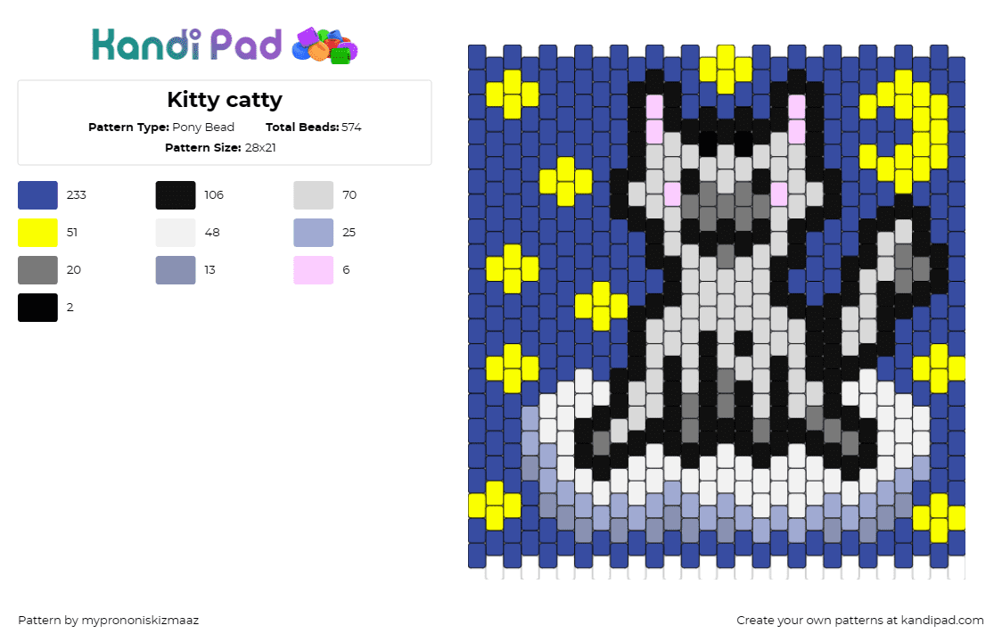 Kitty catty - Pony Bead Pattern by myprononiskizmaaz on Kandi Pad - cat,night,stars,moon,nocturnal,adventure,curious,magical,mystique,feline,blue,ye