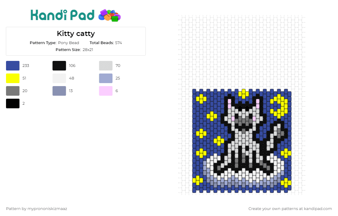 Kitty catty - Pony Bead Pattern by myprononiskizmaaz on Kandi Pad - cat,night,stars,moon,nocturnal,adventure,curious,charm,magical,mystique,feline,blue,yellow,grey