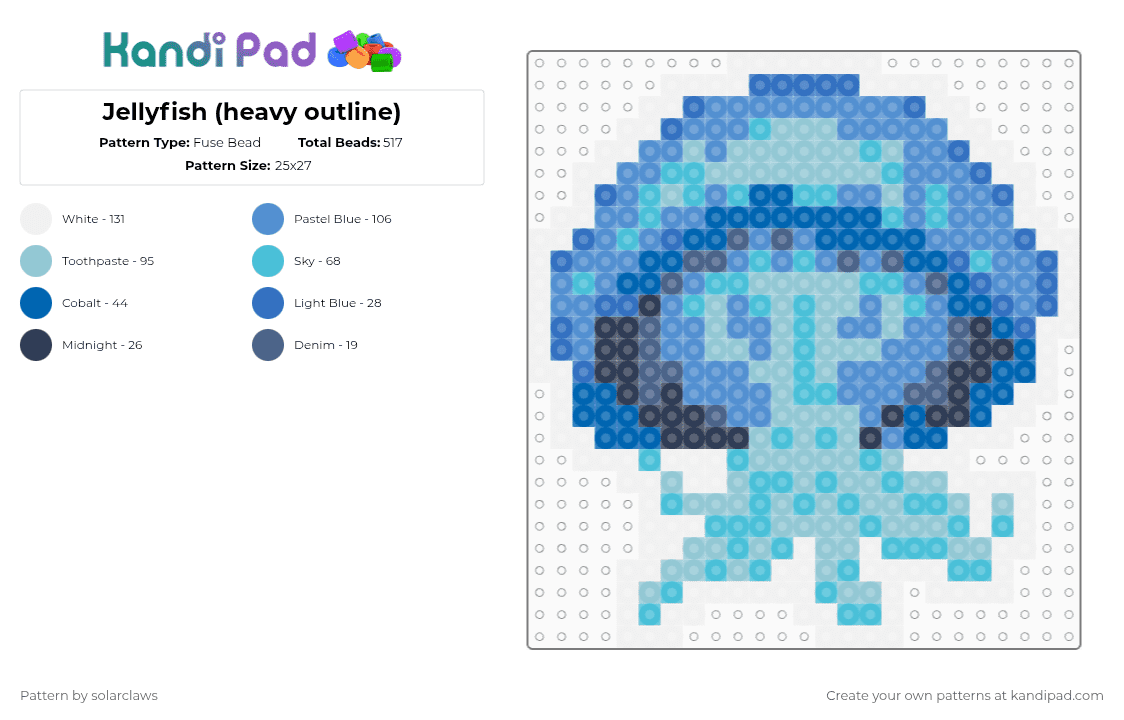 Jellyfish (heavy outline) - Fuse Bead Pattern by solarclaws on Kandi Pad - light blue,cotdunderwaterworld,blue,weird,ugly,jellyfish,dark blue,water,sea
