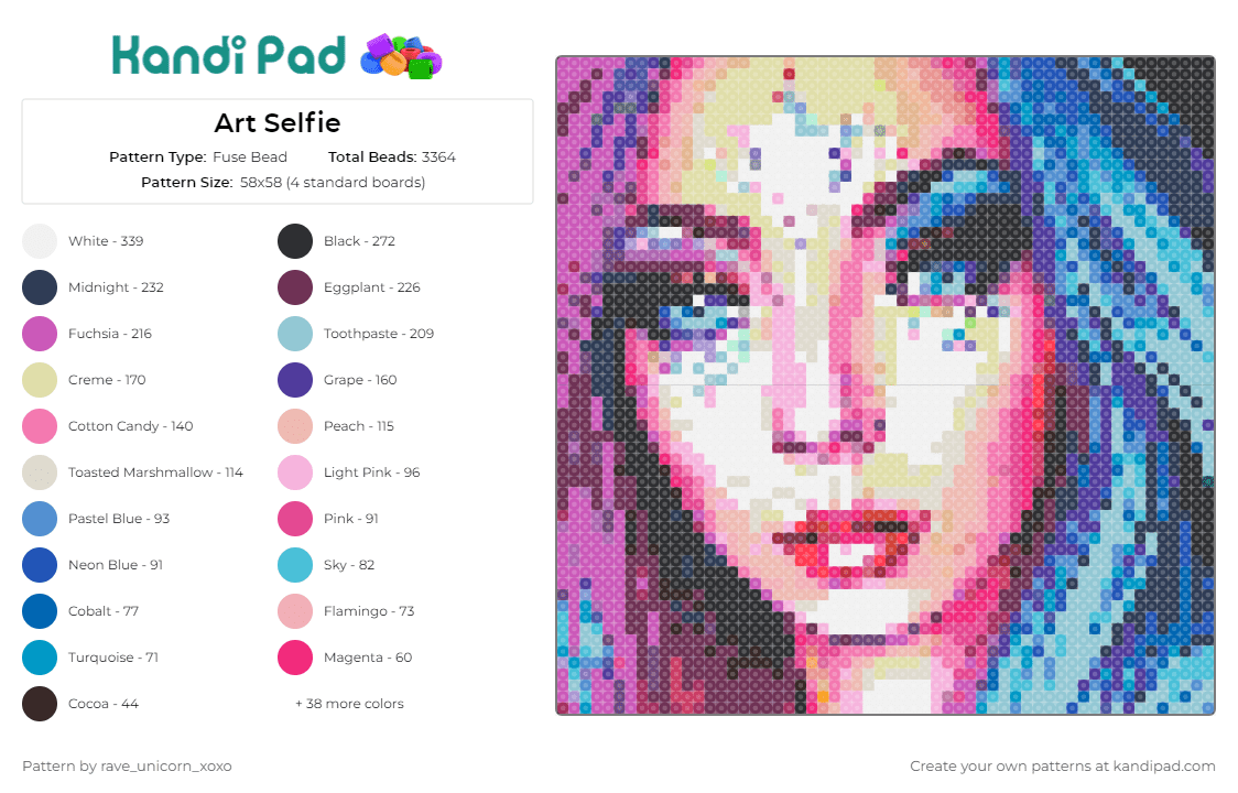 Art Selfie - Fuse Bead Pattern by rave_unicorn_xoxo on Kandi Pad - portrait,female,colorful,modern,self-portrait,vibrant,art,contemporary,pink,blue