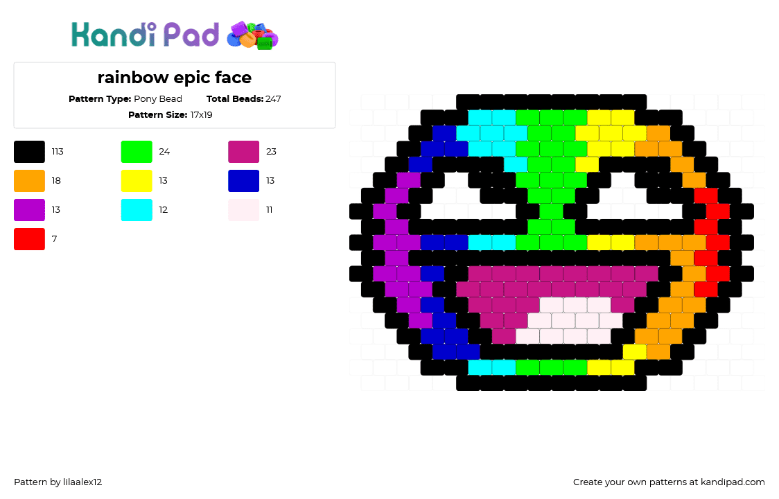 rainbow epic face - Pony Bead Pattern by lilaalex12 on Kandi Pad - black,pink,green,orange