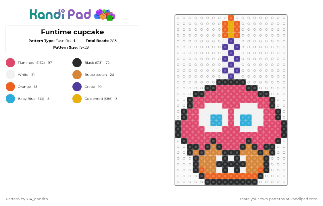 Funtime cupcake - Fuse Bead Pattern by 714_gansito on Kandi Pad - cupcake,fnaf,five nights at freddys,character,video game,dessert,food,gaming,orange,red
