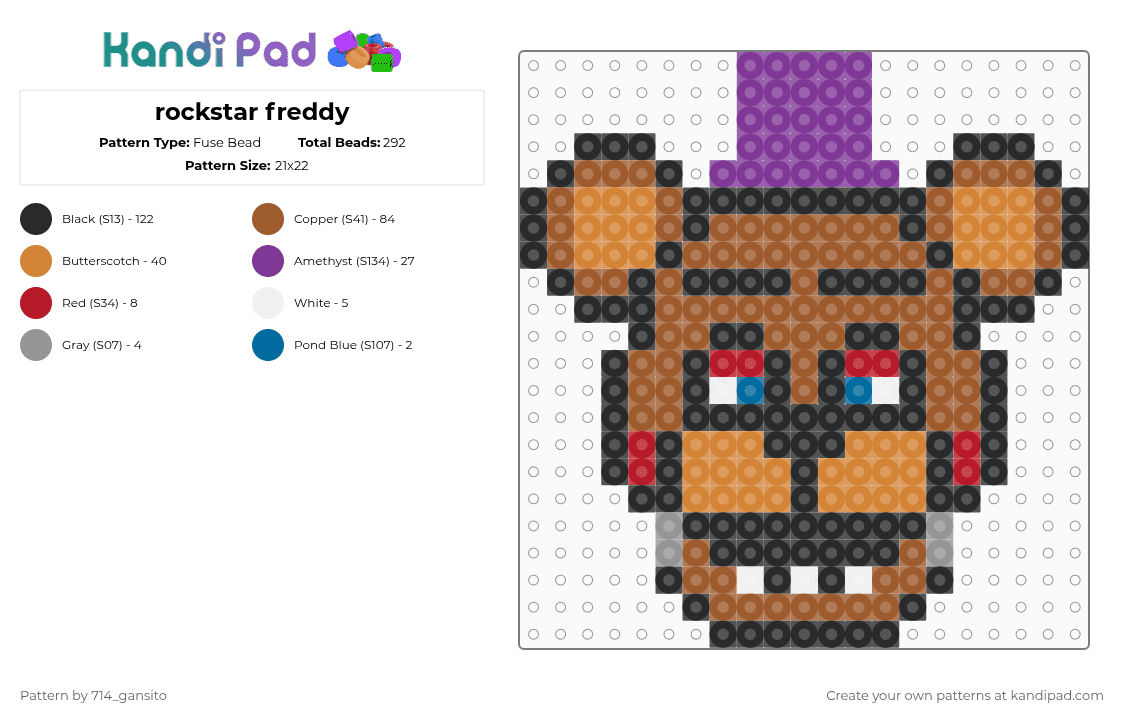 rockstar freddy - Fuse Bead Pattern by 714_gansito on Kandi Pad - black,pink,orange,tan