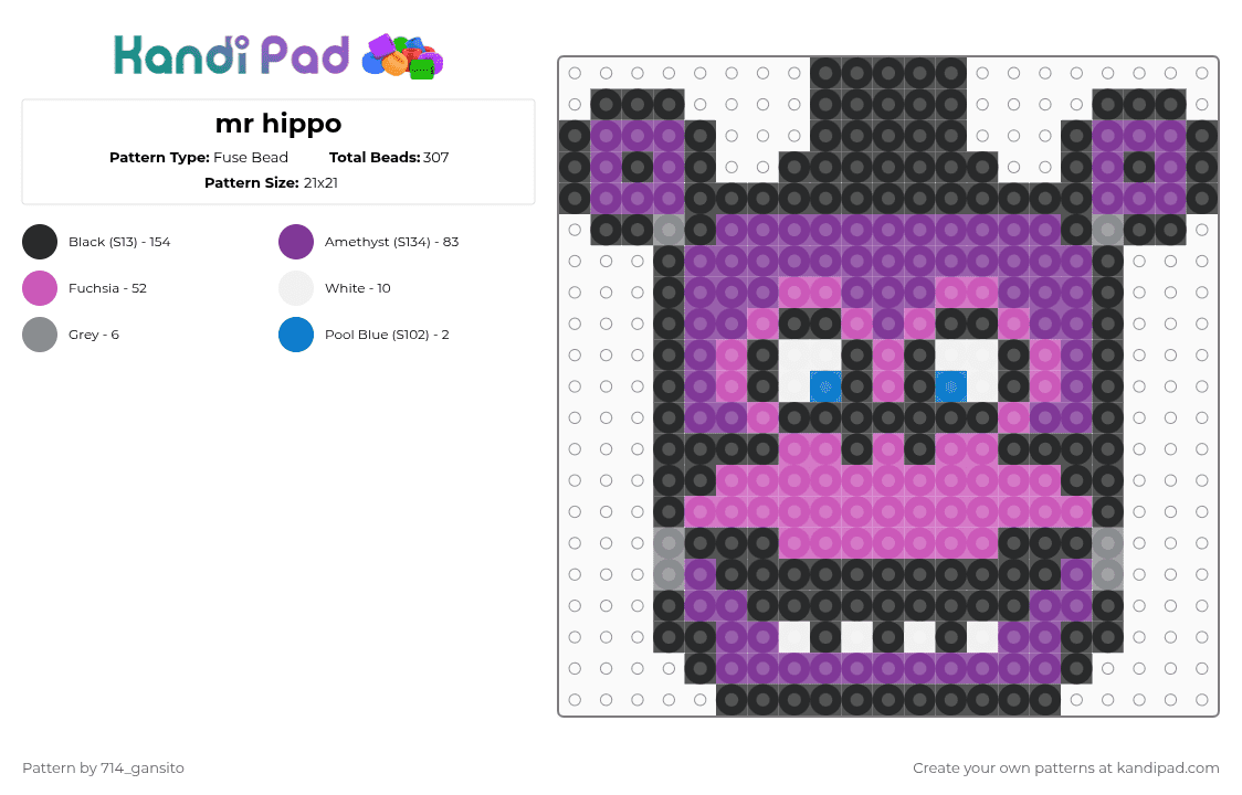 mr hippo - Fuse Bead Pattern by 714_gansito on Kandi Pad - mr hippo,five nights at freddys,fnaf,animal,bear,video game,cartoon,game,gaming,black,pink