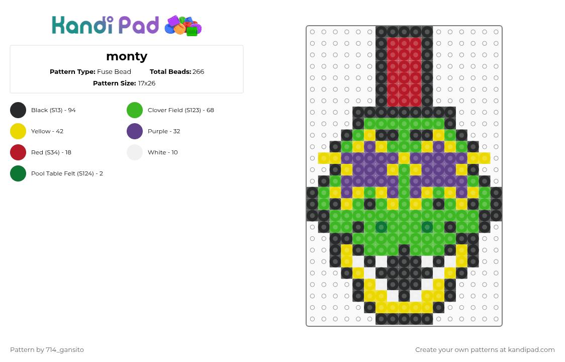 monty - Fuse Bead Pattern by 714_gansito on Kandi Pad - monty,fnaf,gator,character,gaming,video game,yellow,green