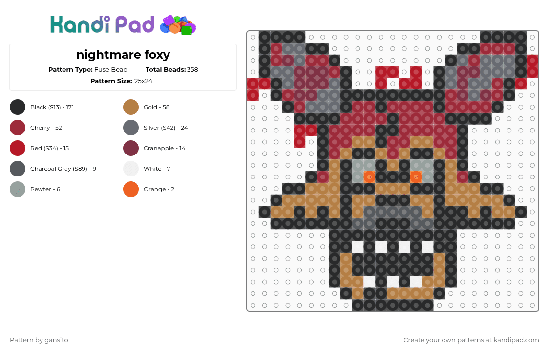 nightmare foxy - Fuse Bead Pattern by 714_gansito on Kandi Pad - black,tan,gray,red