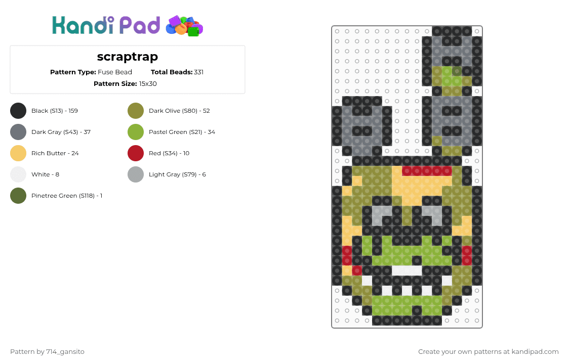 scraptrap - Fuse Bead Pattern by 714_gansito on Kandi Pad - black,gold,green,gray