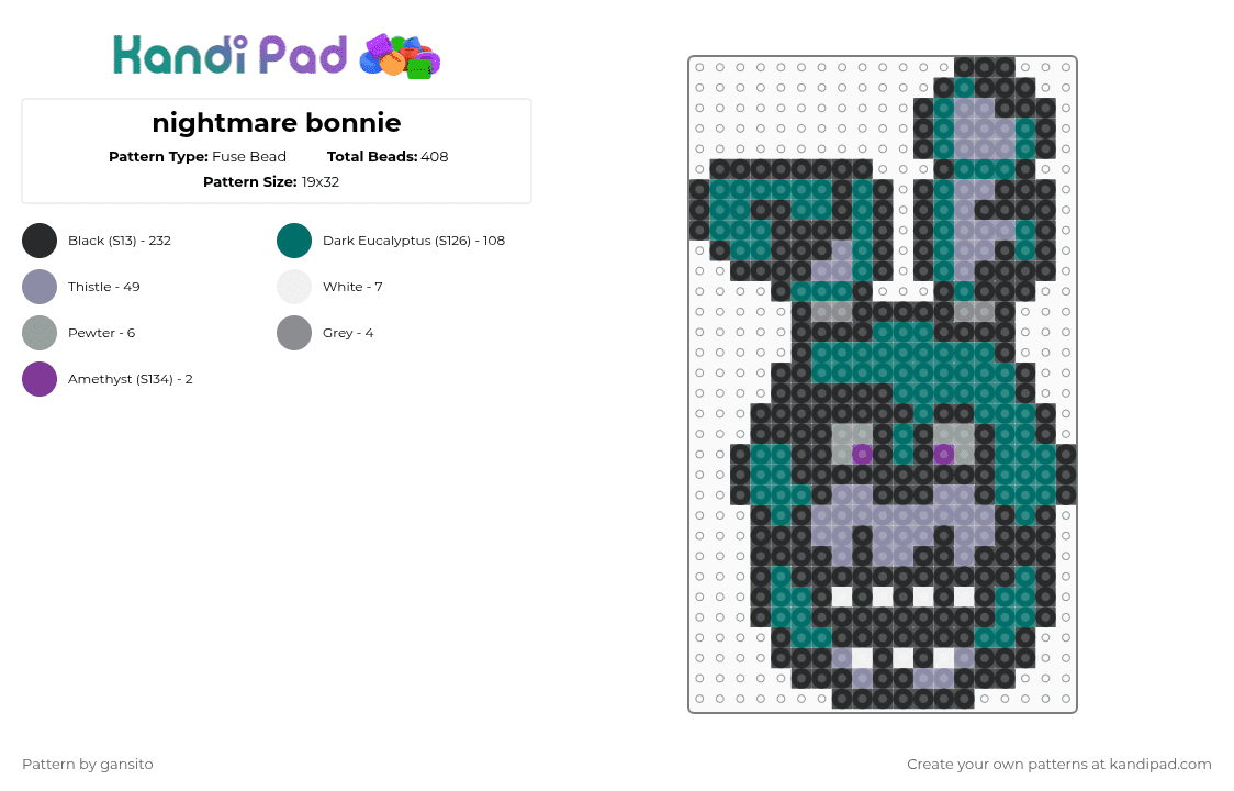 nightmare bonnie - Fuse Bead Pattern by 714_gansito on Kandi Pad - black,gray,teal