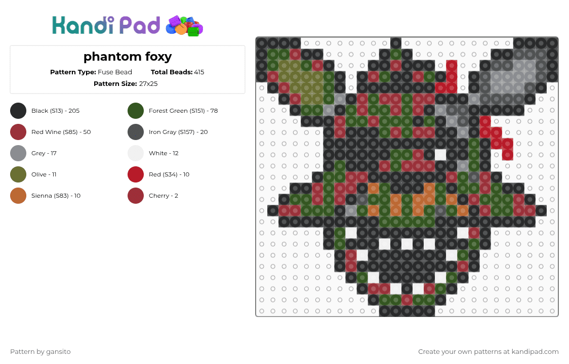 phantom foxy - Fuse Bead Pattern by 714_gansito on Kandi Pad - black,red,gold