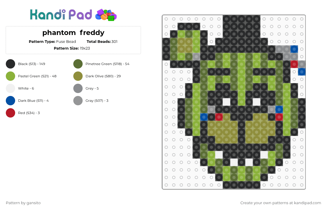phantom  freddy - Fuse Bead Pattern by 714_gansito on Kandi Pad - black,gold,green