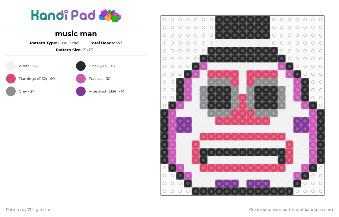 music man - Fuse Bead Pattern by 714_gansito on Kandi Pad - music man,fnaf,animatronic,character,video game,robot,gaming,animal,arcade,horror,halloween,spooky,white,red,pink