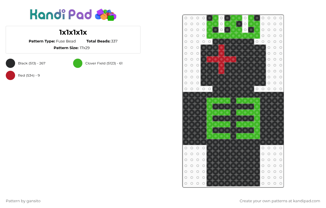 1x1x1x1x - Fuse Bead Pattern by 714_gansito on Kandi Pad - black,green