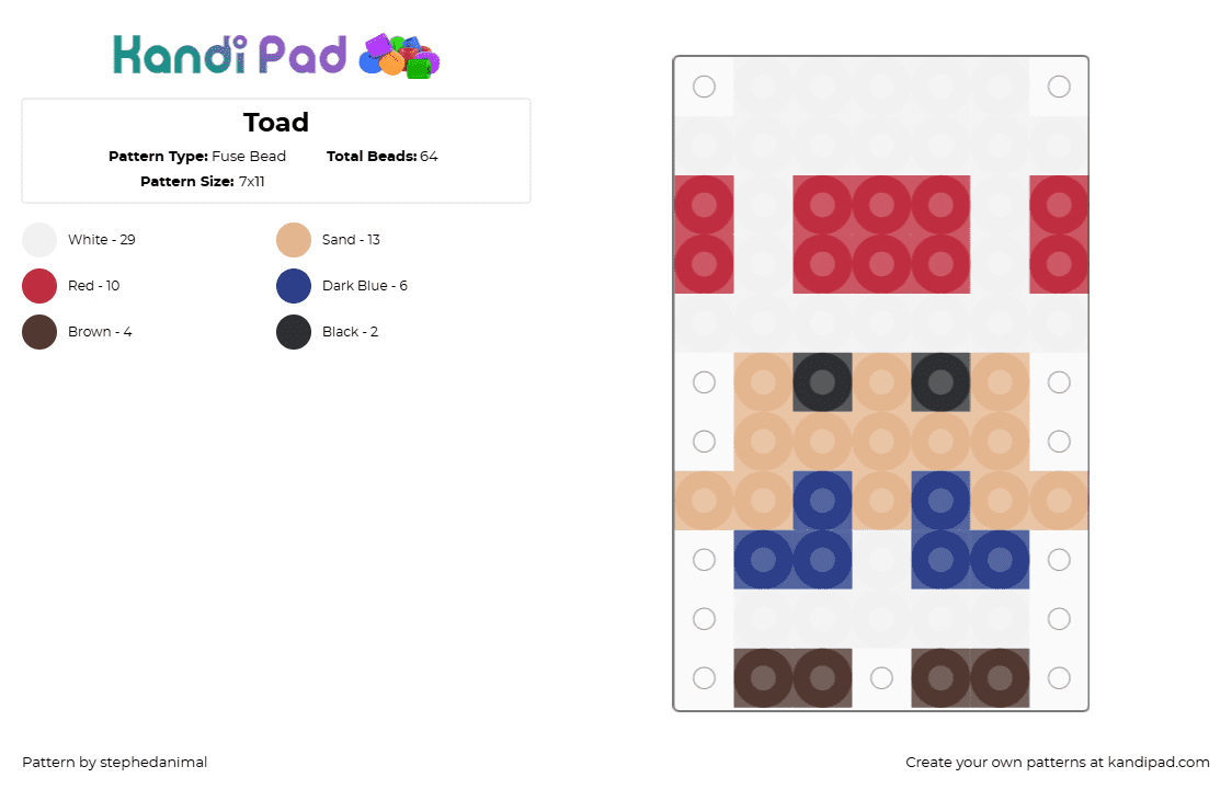 Toad - Fuse Bead Pattern by stephedanimal on Kandi Pad - white,red,beige