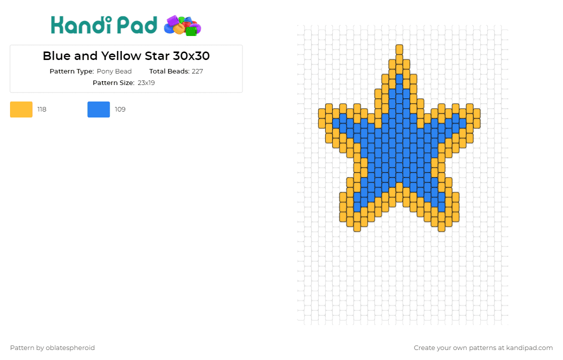 Blue and Yellow Star 30x30 - Pony Bead Pattern by oblatespheroid on Kandi Pad - star,celestial,radiant,guidance,aspirations,bold,bright,symbol,blue,gold