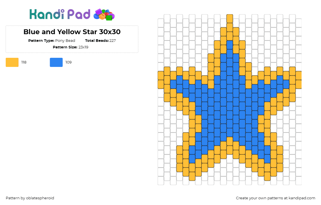 Blue and Yellow Star 30x30 - Pony Bead Pattern by oblatespheroid on Kandi Pad - star,celestial,radiant,guidance,aspirations,bold,bright,symbol,blue,gold