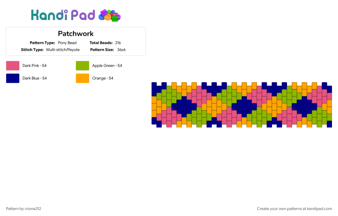 Patchwork - Pony Bead Pattern by vioma312 on Kandi Pad - green, orange, pink, purple
